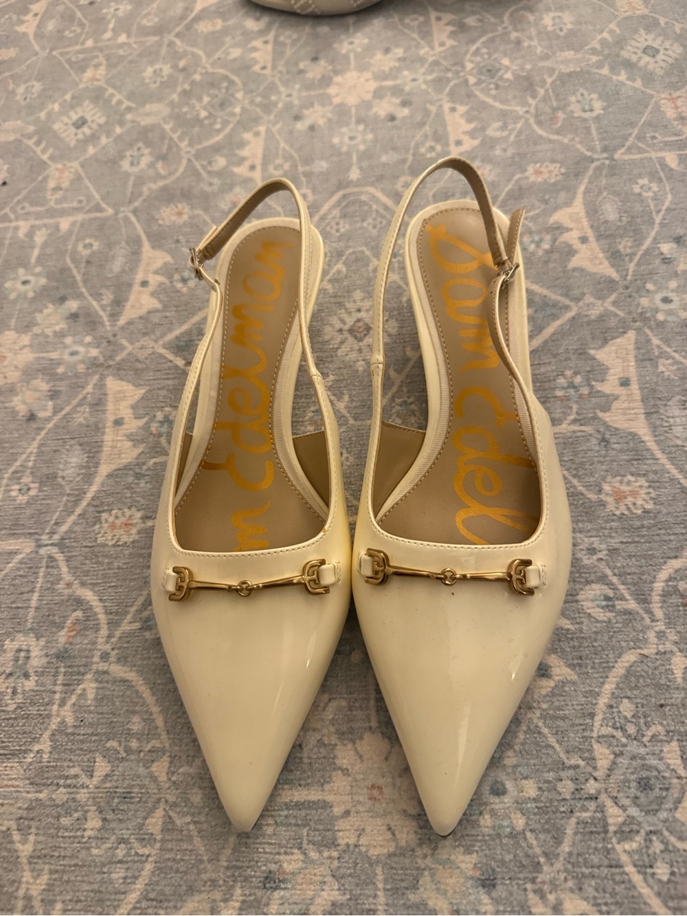 Sam Edelman Cream Patent Pointed-Toe Slingback Flats with Gold Horsebit